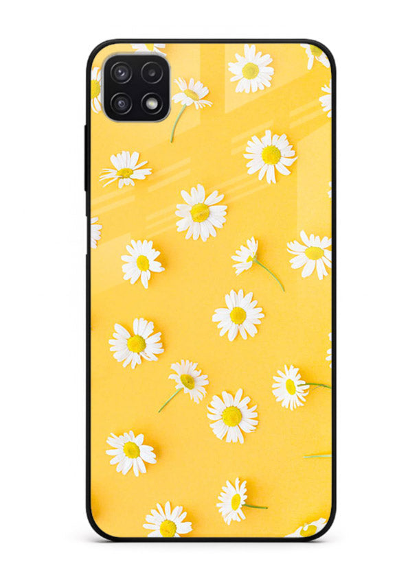 Sunny daisy artwork on Samsung F42 5G glass back cover with bright cheerful floral tones.