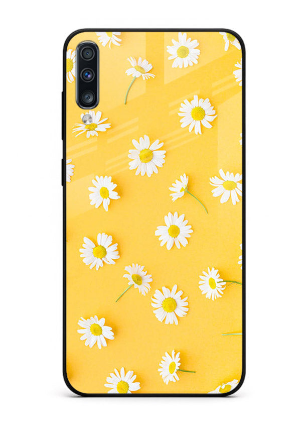 Sunny daisy artwork on Samsung A70 glass back cover with bright cheerful floral tones.