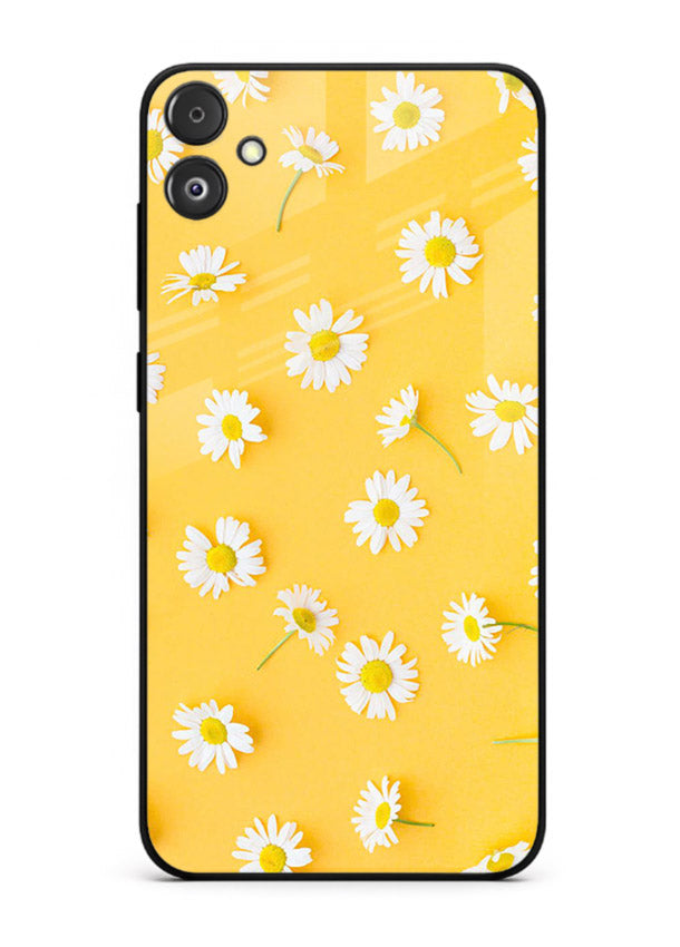 Sunny daisy artwork on Samsung F04 5G glass back cover with bright cheerful floral tones.