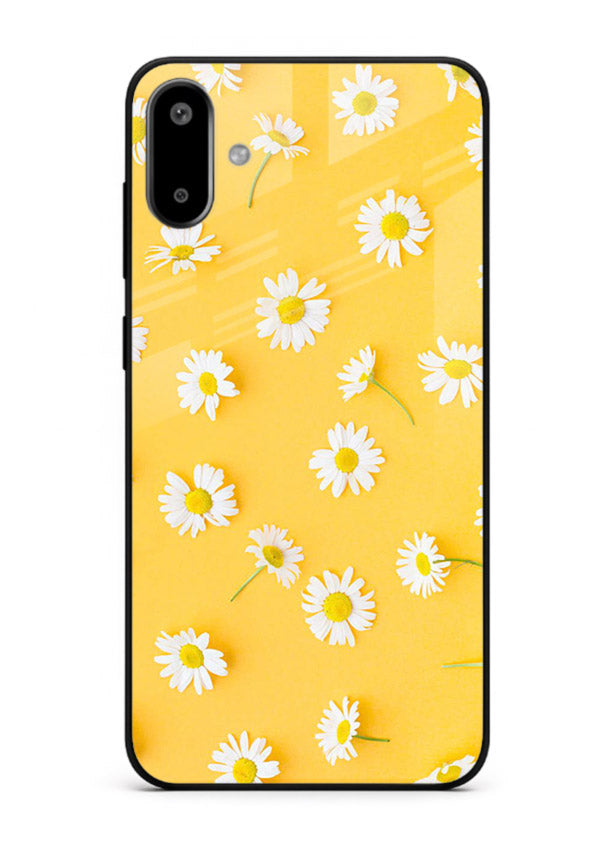 Sunny daisy artwork on Samsung F06 5G glass back cover with bright cheerful floral tones.