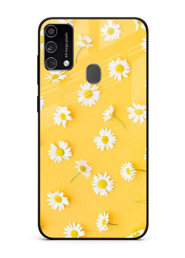Sunny daisy artwork on Samsung F41 glass back cover with bright cheerful floral tones.
