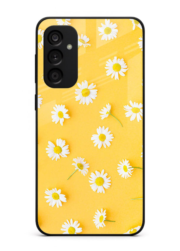 Sunny daisy artwork on Samsung M15 5G glass back cover with bright cheerful floral tones.
