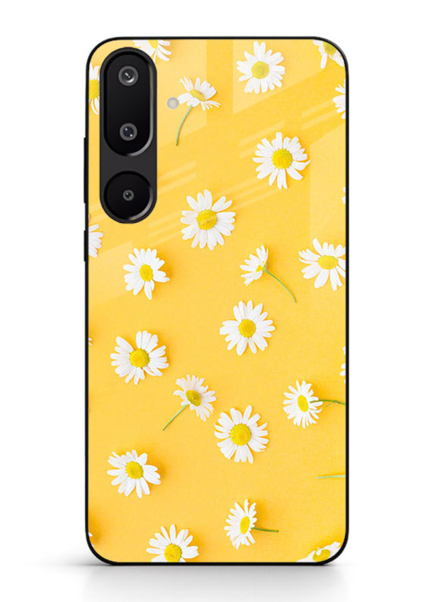 Sunny daisy artwork on Samsung F16 5G glass back cover with bright cheerful floral tones.