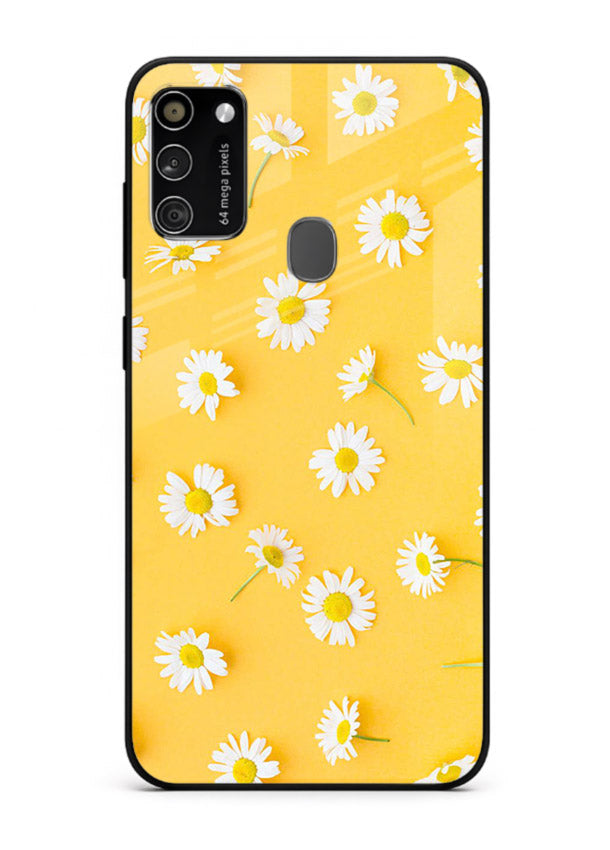 Sunny daisy artwork on Samsung M30s glass back cover with bright cheerful floral tones.
