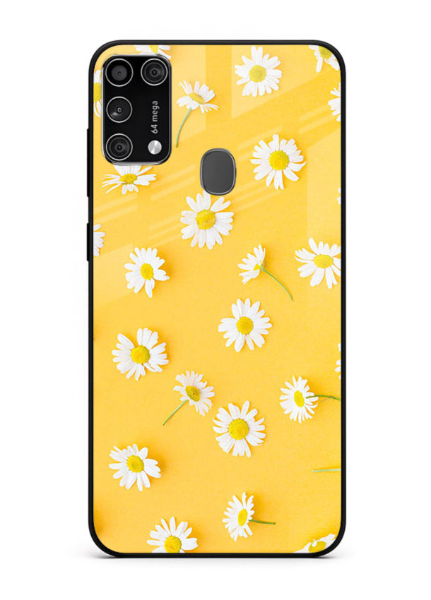 Sunny daisy artwork on Samsung M31 Prime glass back cover with bright cheerful floral tones.