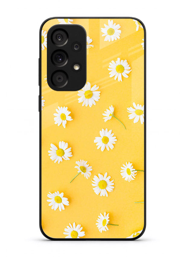Sunny daisy artwork on Samsung A33 5G glass back cover with bright cheerful floral tones.