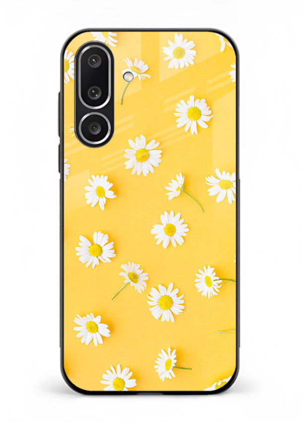Sunny daisy artwork on Samsung F56 5G glass back cover with bright cheerful floral tones.