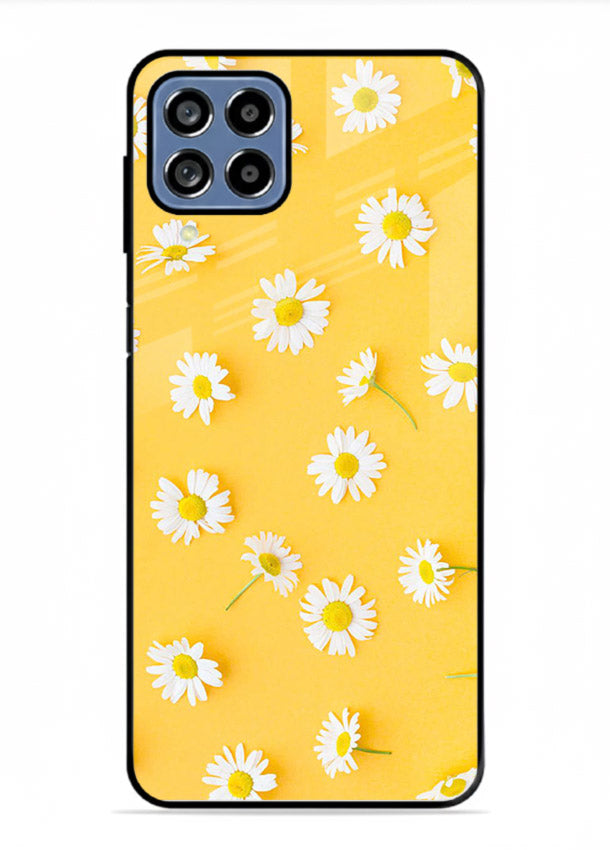 Sunny daisy artwork on Samsung M53 5G glass back cover with bright cheerful floral tones.