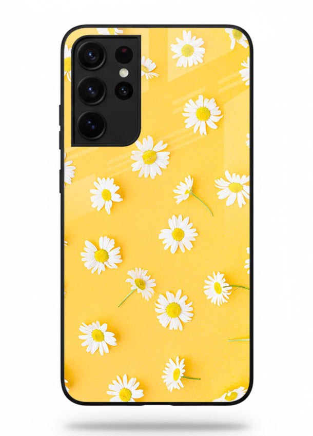 Sunny daisy artwork on Samsung S21 Ultra glass back cover with bright cheerful floral tones.