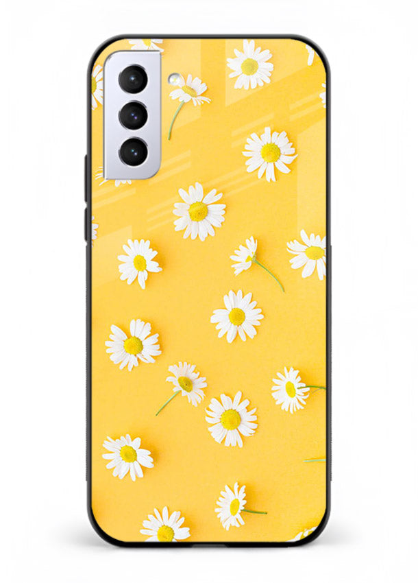 Sunny daisy artwork on Samsung S21 FE glass back cover with bright cheerful floral tones.
