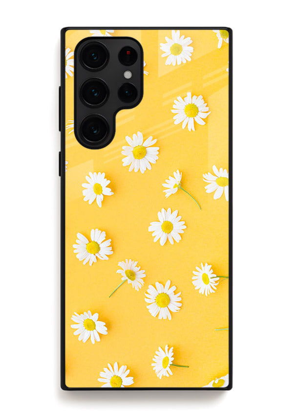 Sunny daisy artwork on Samsung S25 Ultra glass back cover with bright cheerful floral tones.