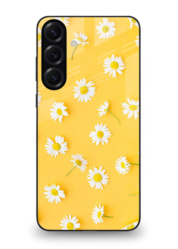 Sunny daisy artwork on Samsung A55 5G glass back cover with bright cheerful floral tones.
