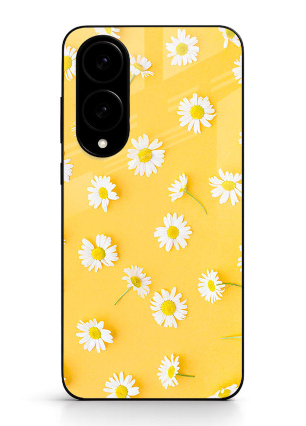 Sunny daisy artwork on Samsung S25 Edge glass back cover with bright cheerful floral tones.