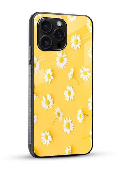 Sunny daisy artwork on glossy vibrant premium glass back cover with bright cheerful floral tones. - Angle Side