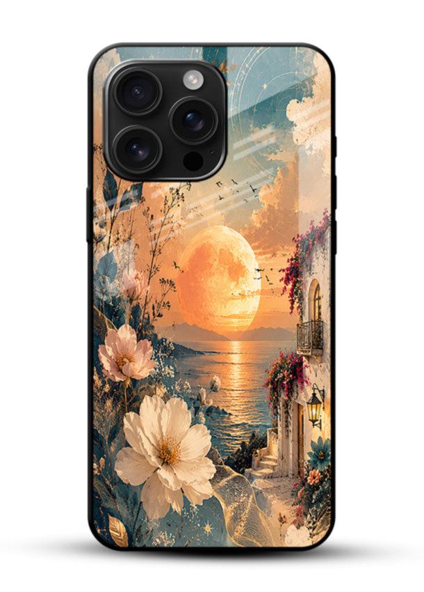 Sunset floral moon glass back cover with ocean view and arched doorway design - 1