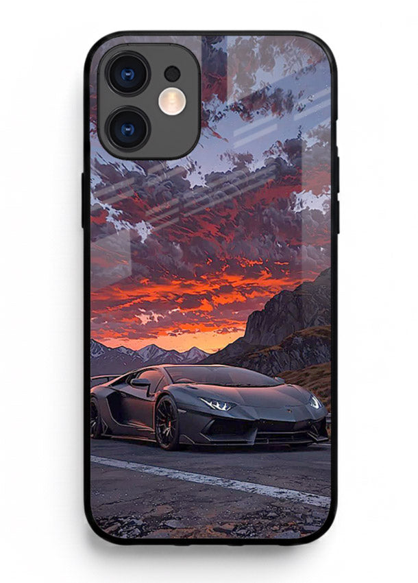 Hypercar at sunset printed on glossy tempered glass iPhone 12 Mini back cover