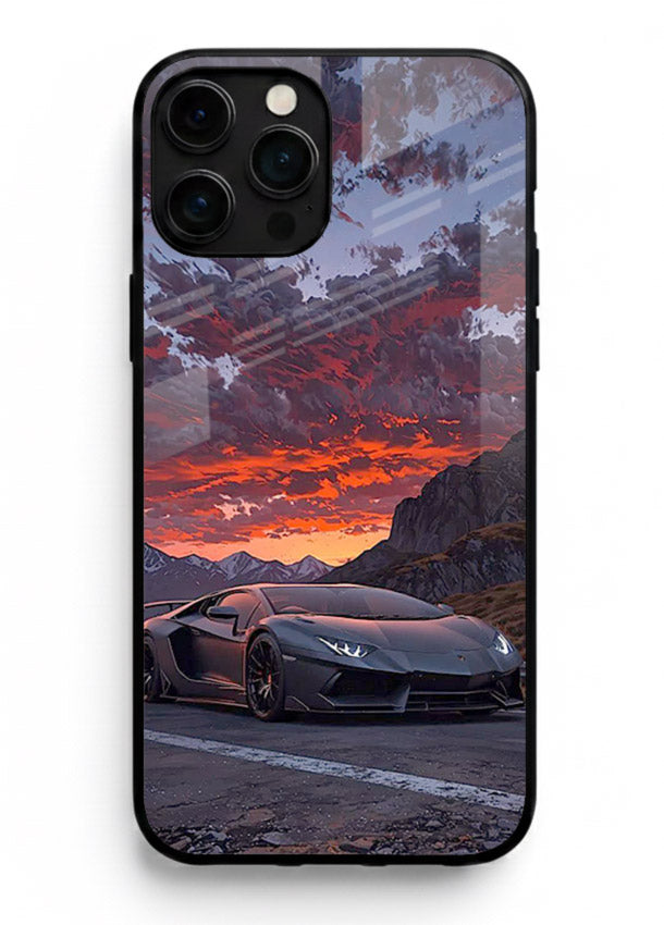 Hypercar at sunset printed on glossy tempered glass iPhone 13 Pro Max back cover
