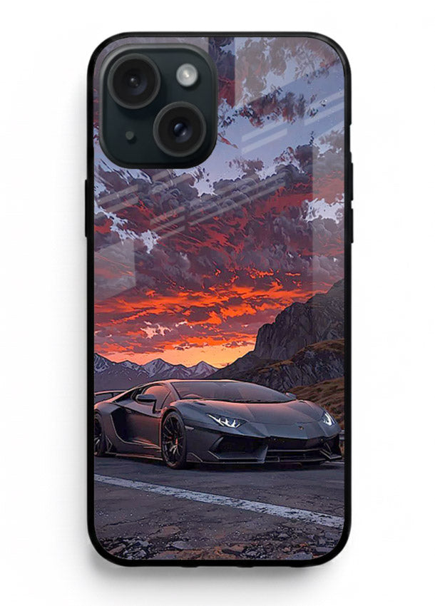 Hypercar at sunset printed on glossy tempered glass iPhone 13 Mini back cover