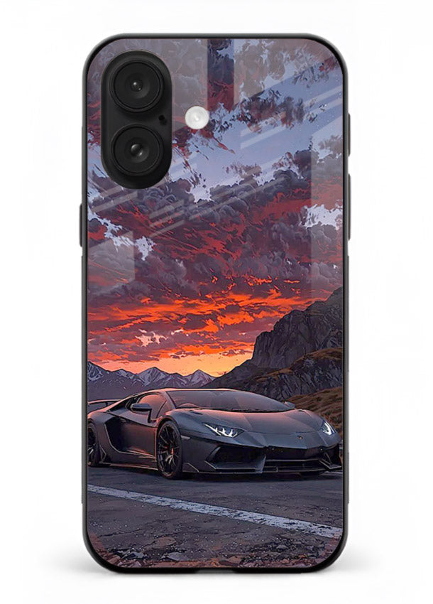 Hypercar at sunset printed on glossy tempered glass iPhone 17 back cover