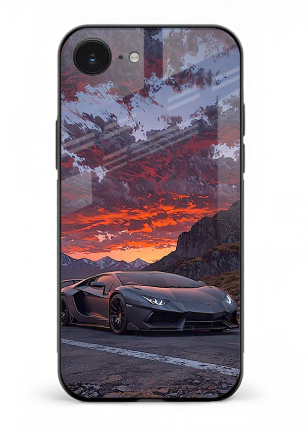 Hypercar at sunset printed on glossy tempered glass iPhone 16E back cover