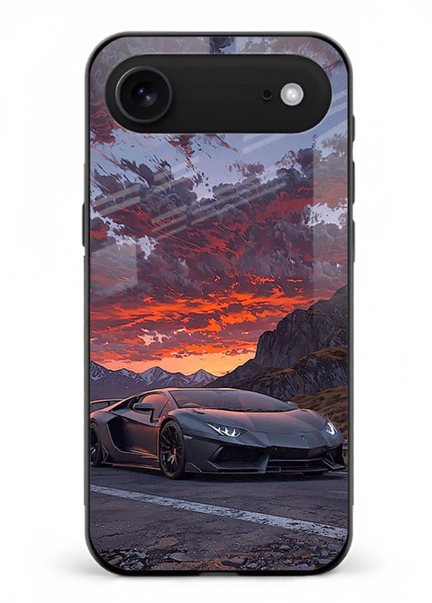 Hypercar at sunset printed on glossy tempered glass iPhone 17 Air back cover