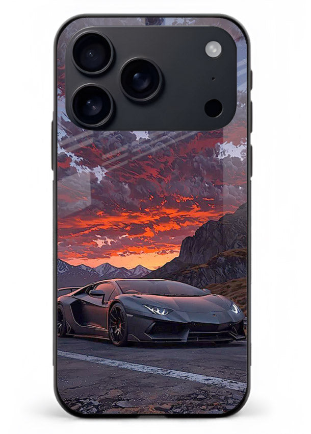 Hypercar at sunset printed on glossy tempered glass iPhone 17 Pro Max back cover
