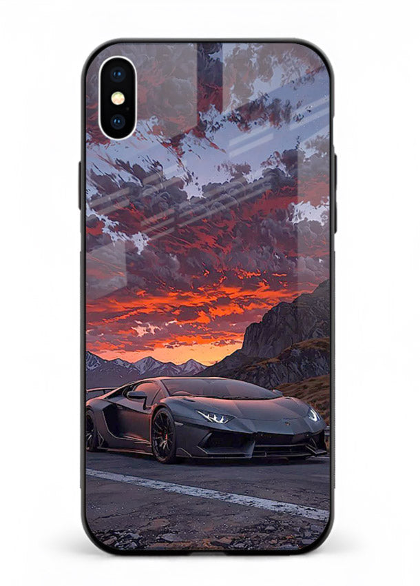 Hypercar at sunset printed on glossy tempered glass iPhone XS Max back cover