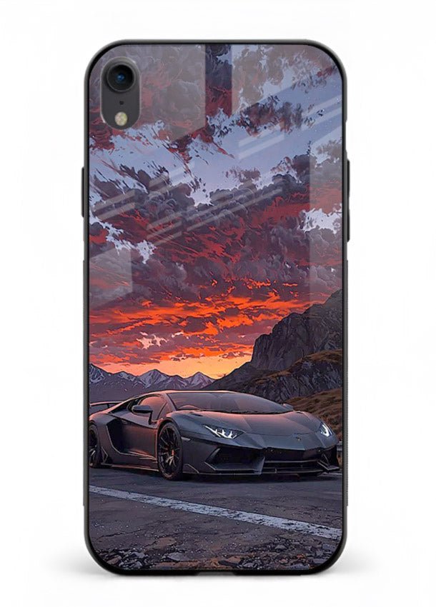 Hypercar at sunset printed on glossy tempered glass iPhone XR back cover
