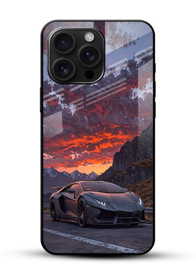 Hypercar at sunset printed on glossy tempered glass mobile back cover - 1