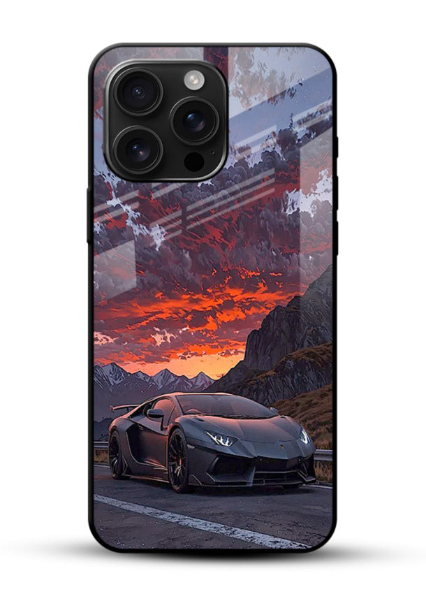 Hypercar at sunset printed on glossy tempered glass mobile back cover - 1