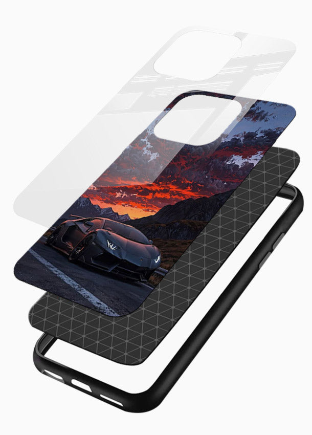 Hypercar at sunset printed on glossy tempered glass mobile back cover - 3