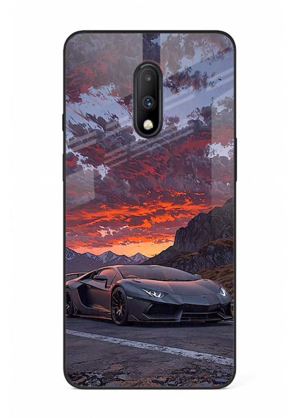 Hypercar at sunset printed on glossy tempered glass OnePlus 7 back cover
