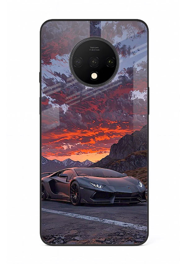 Hypercar at sunset printed on glossy tempered glass OnePlus 7T back cover
