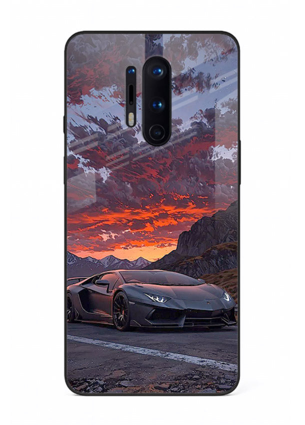 Hypercar at sunset printed on glossy tempered glass OnePlus 8 Pro back cover