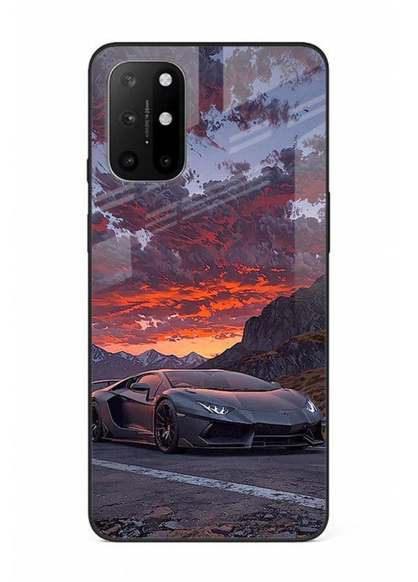 Hypercar at sunset printed on glossy tempered glass OnePlus 8T back cover