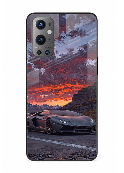 Hypercar at sunset printed on glossy tempered glass OnePlus 9 back cover