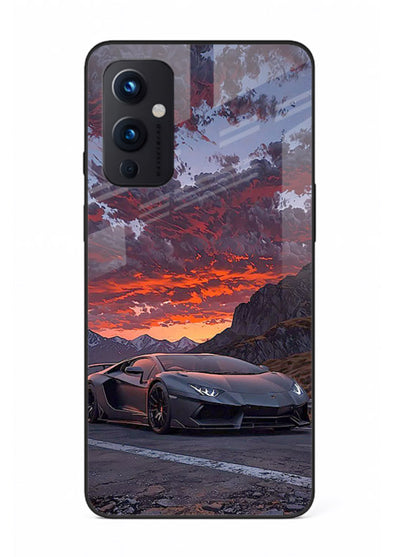 Hypercar at sunset printed on glossy tempered glass OnePlus 9 Pro back cover