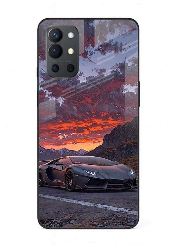 Hypercar at sunset printed on glossy tempered glass OnePlus 9R back cover