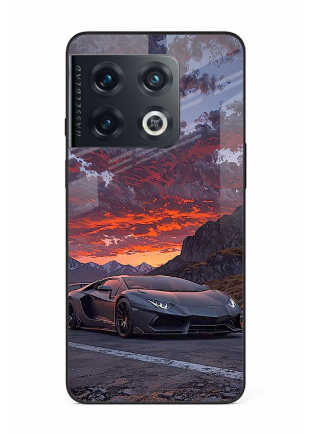 Hypercar at sunset printed on glossy tempered glass OnePlus 10 Pro back cover