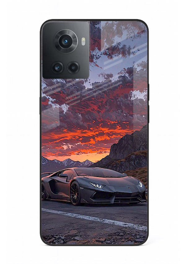 Hypercar at sunset printed on glossy tempered glass OnePlus 10R back cover