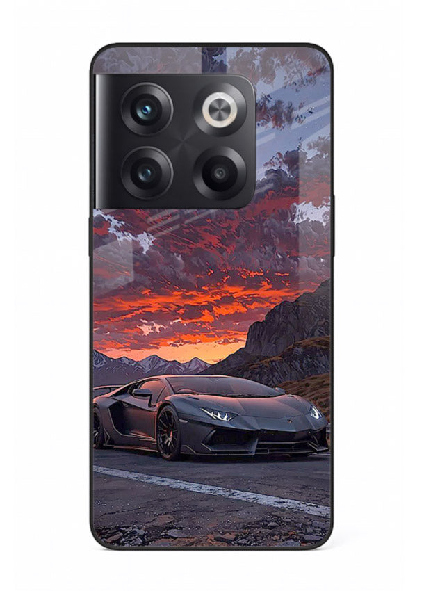 Hypercar at sunset printed on glossy tempered glass OnePlus 10T back cover