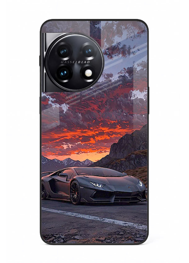 Hypercar at sunset printed on glossy tempered glass OnePlus 11R back cover