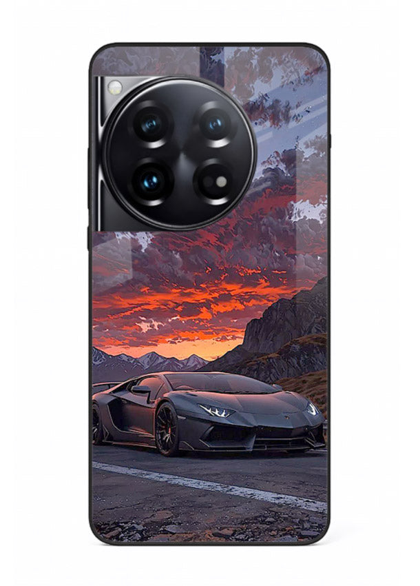 Hypercar at sunset printed on glossy tempered glass OnePlus 12 back cover