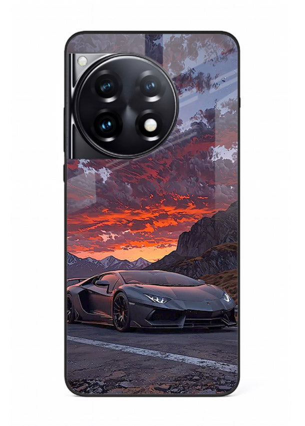 Hypercar at sunset printed on glossy tempered glass OnePlus 12R back cover