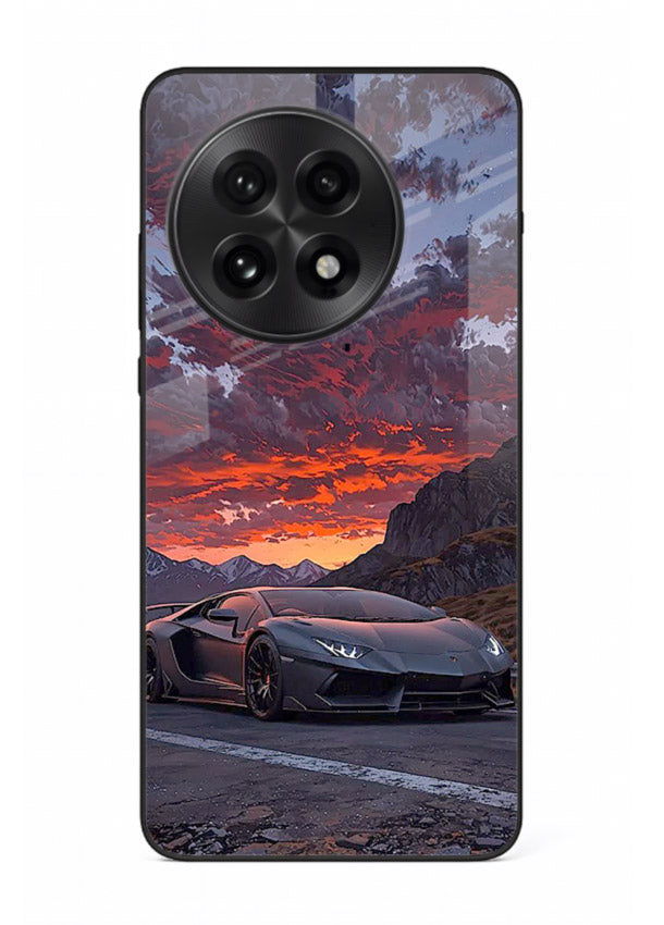 Hypercar at sunset printed on glossy tempered glass OnePlus 13R back cover
