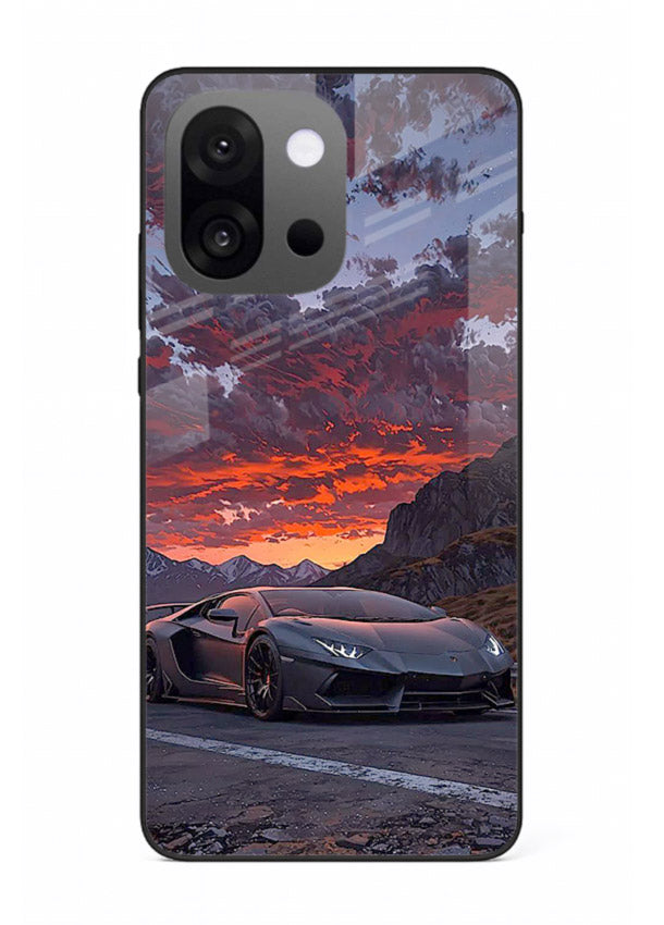 Hypercar at sunset printed on glossy tempered glass OnePlus 13s back cover
