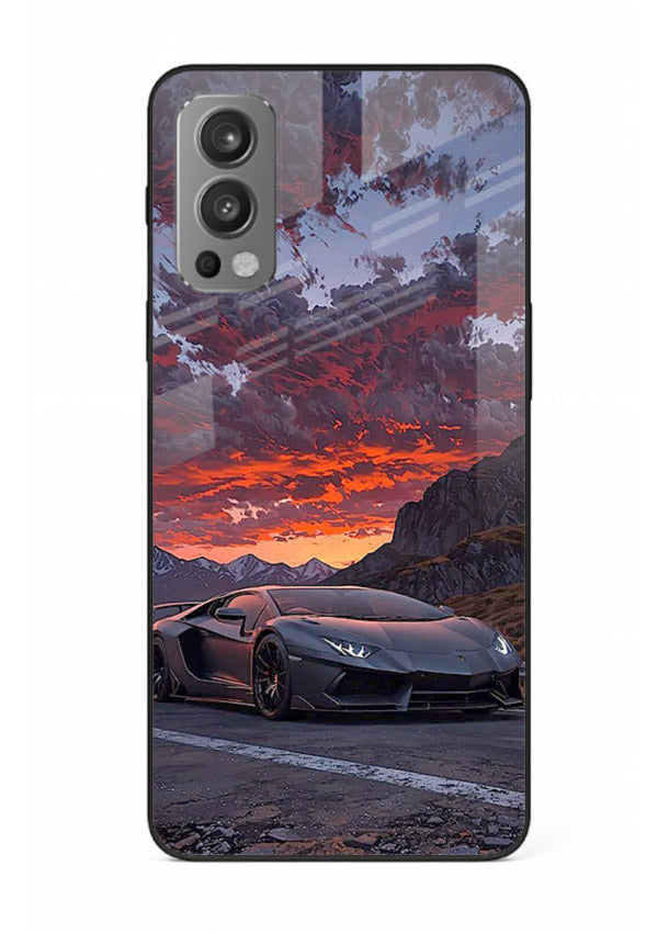 Hypercar at sunset printed on glossy tempered glass OnePlus Nord 2 back cover