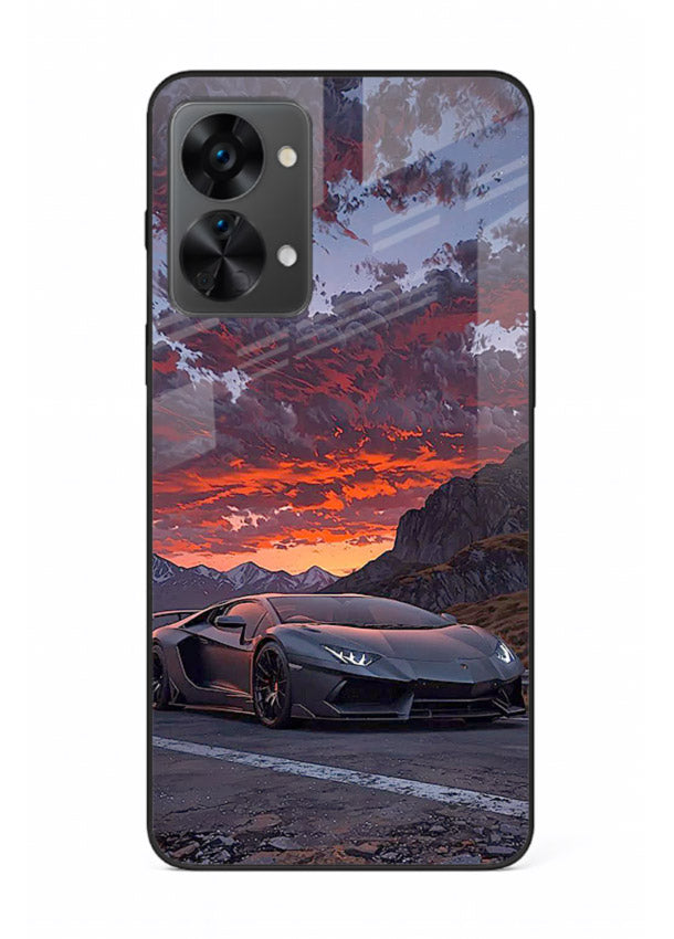 Hypercar at sunset printed on glossy tempered glass OnePlus Nord 2T back cover