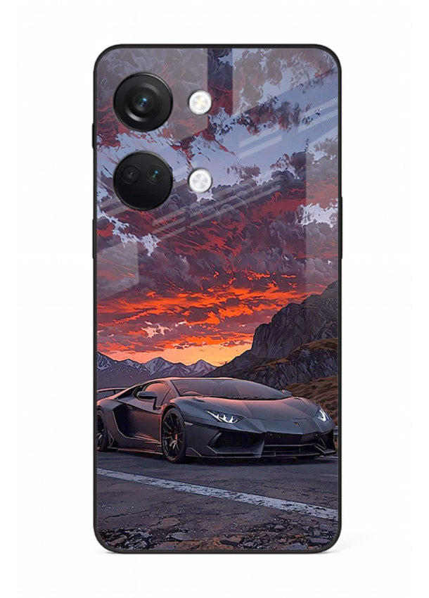Hypercar at sunset printed on glossy tempered glass OnePlus Nord 3 back cover