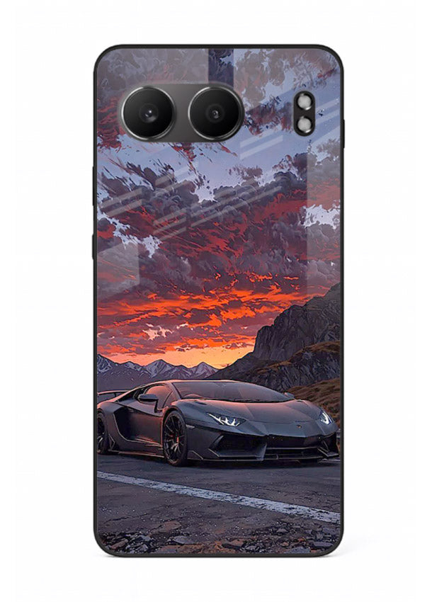 Hypercar at sunset printed on glossy tempered glass OnePlus Nord 4 back cover